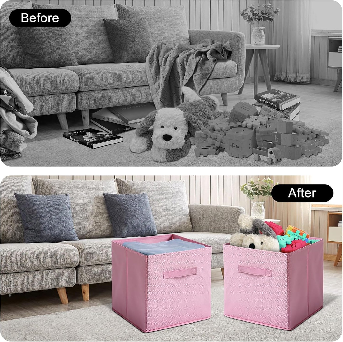 Fabric Storage Bins - 6 Pack Collapsible Cube Organizer for Closet, Shelves & Living Space, Pastel & Dark Color Options - Foldable Storage Boxes with Handles for Clothes (Pink, 11 inch)