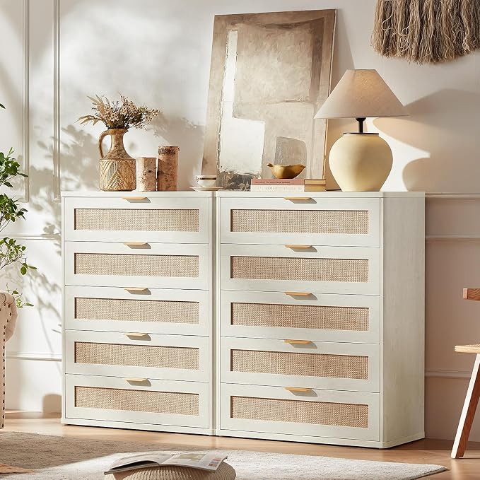 LEYAOYAO White Dresser for Bedroom, Modern 5 Drawers Boho Rattan Dressers - Image 2