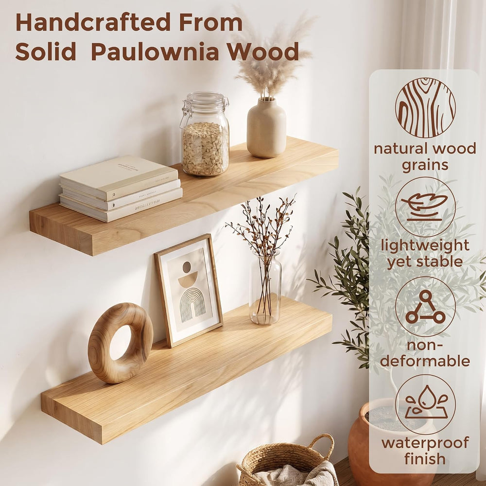 fuqing Natural Wood Floating Shelves, 24'' Wood Shelves for Wall Set ...