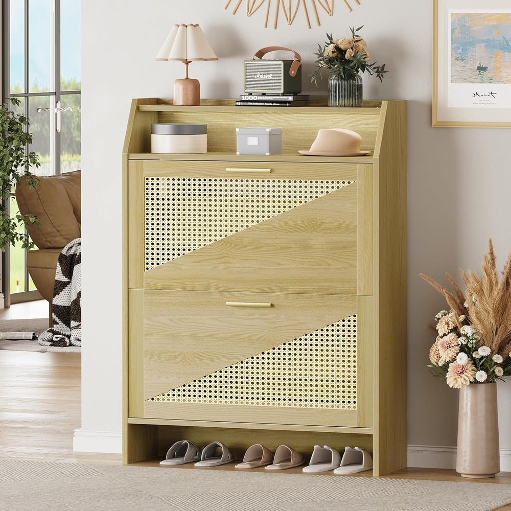 Rattan Shoe Storage Cabinet with 2 Flip Drawers, Wooden Shoe Cabinet with Adj...