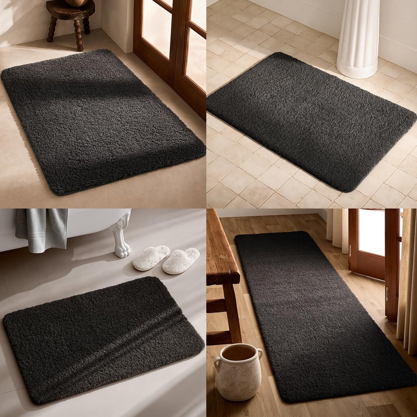 TYUU Black Bathroom Rug, Ultra Soft Bath Rugs Non Slip Washable, Super Absorbent Quick Dry Small Bath Mat with Rubber Backing for Bathroom Floor, Shower, or Sink, Black 16" x 24"