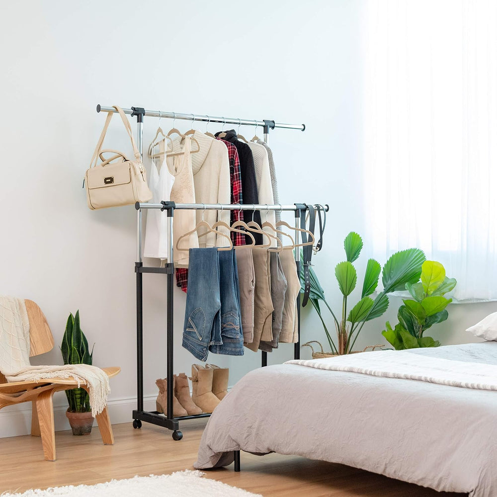 IRIS USA Portable Double-Rod Height Adjustable Clothes Rack with Extendable B...
