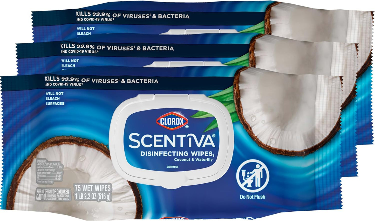 Clorox Scentiva Disinfecting Wipes, Coconut and Waterlily, 75 Ct., 3 Pack