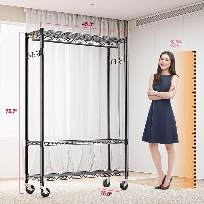 Heavy Duty Rolling Garment Rack 3 Tiers Adjustable Wire Shelving Clothes Rack - Image 8