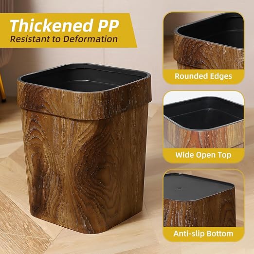 Wood Grain Plastic Trash Can Bedroom, Square 2-Pack, 3.7 Gal Farmhouse - Image 3