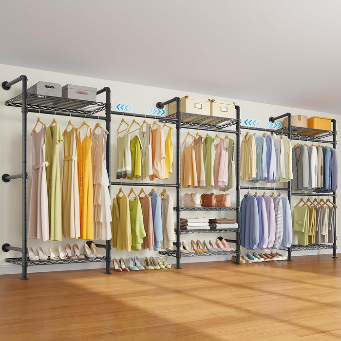 Timate F5 Expandable Wall Mounted Clothes Rack with 8 Adjustable Shelves & 4 Expandable Hanger Rods, Heavy Duty Industrial Pipe Clothing Rack for Hanging Clothes, Fits Spaces 10'3"- 12'3", Black