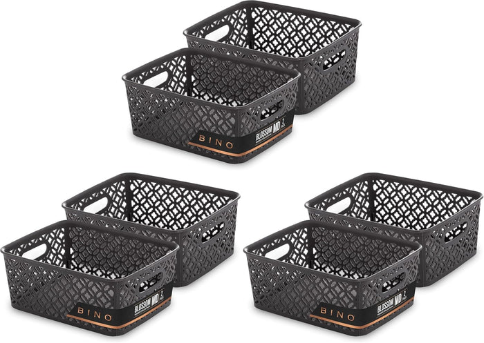 BINO l Plastic Storage Baskets, Medium - Grey | THE BLOSSOM COLLECTION l Multi-Use Organizer Bin l Built-in Handles l Plastic Woven Basket for Organizing l Pantry & Home Organizing Basket (Pack of 3)