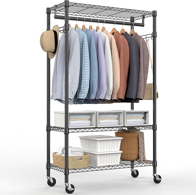 Heavy Duty Rolling Garment Rack 3 Tiers Adjustable Wire Shelving Clothes Rack by MEIGAOPLASTICANDMETALHKCOLIMITED