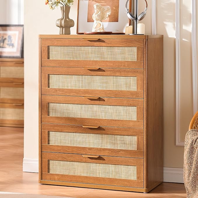 LEYAOYAO Rattan Dresser for Bedroom Set 2, Modern 5 Drawers Boho Dressers - Image 3