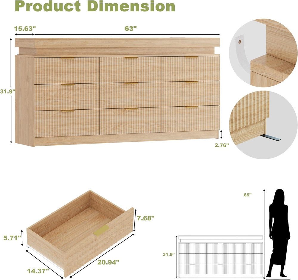 Fluted 9 Drawer Dresser LED Lights & Charging Station, Natural Oak