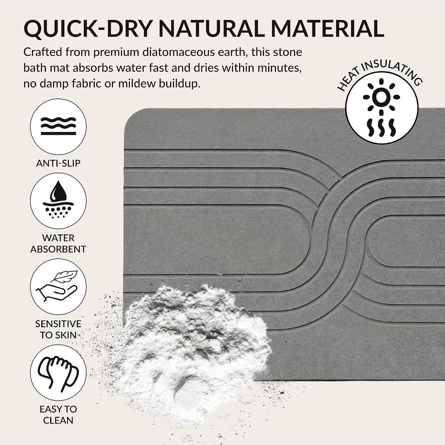 BrightCo XL Stone Bath Mat (30x17in) – Quick Dry Diatomaceous Earth Shower Rug, Super Absorbent Hard Foot Pad – Modern Anti-Slip Design for Bathroom Floor, Deep Charcoal (The Nexus, XL)