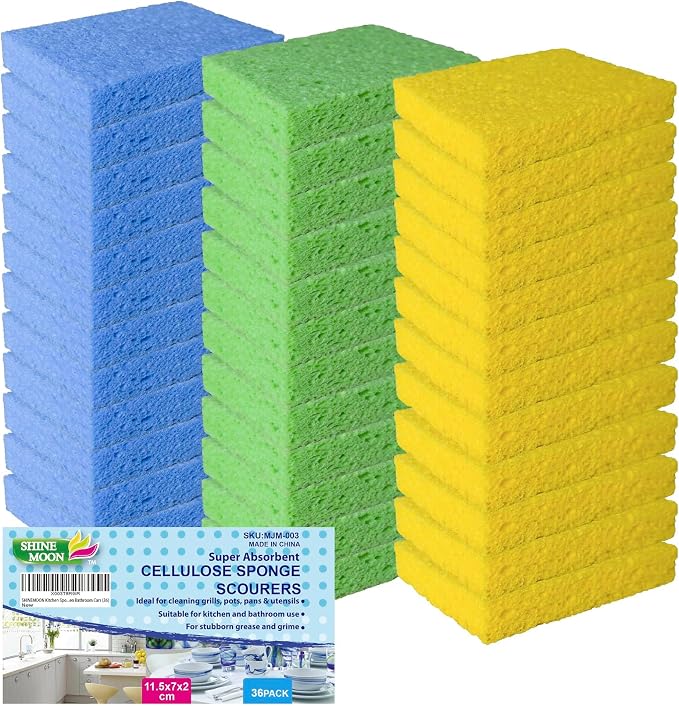 36 Pk Pop-Up Compressed Cellulose Sponges, Heavy Duty Scrub Kitchen Sponge by SHINEMOON