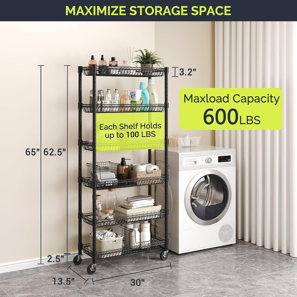 6-Tier Rolling Storage Shelves with Wire Baskets,30 x 13.5 x 65in