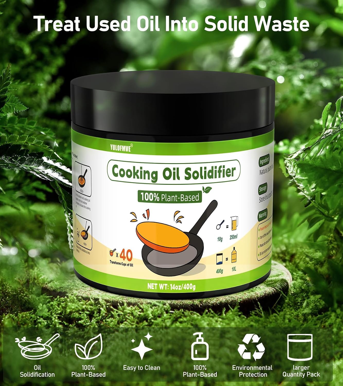 Cooking Oil Solidifier Powder, 14 oz Solidifies Up to 40 Cups from Mess, 100% Plant-Based Grease Hardener for Easy Disposal, No Clogged Drains, for Frying Oil and Bacon Grease