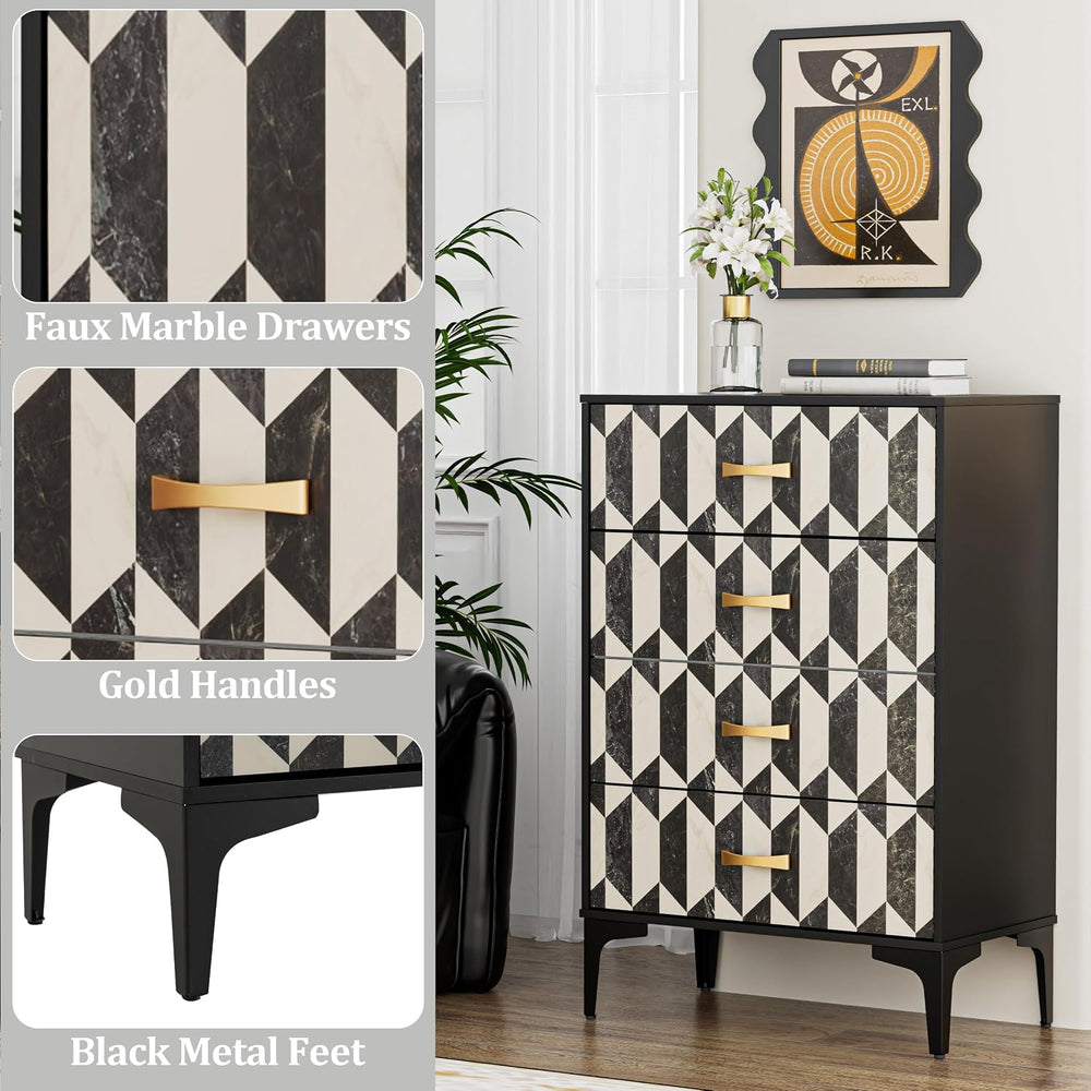 Anbuy Faux Marble 4 Drawers Dresser for Bedroom, Black and White Marble Moder...