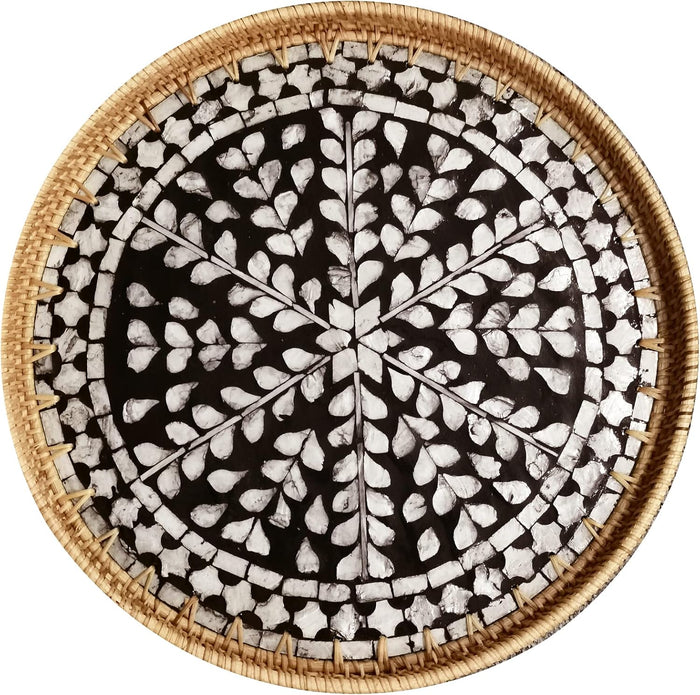 i-lan 16" Rattan & Mother of Pearl Serving Tray with 1.2" Raised Sides - Round Handwoven Black Accent Tray - Sophisticated Organizer for Home Bars, Coffee Tables & Lounge Decor