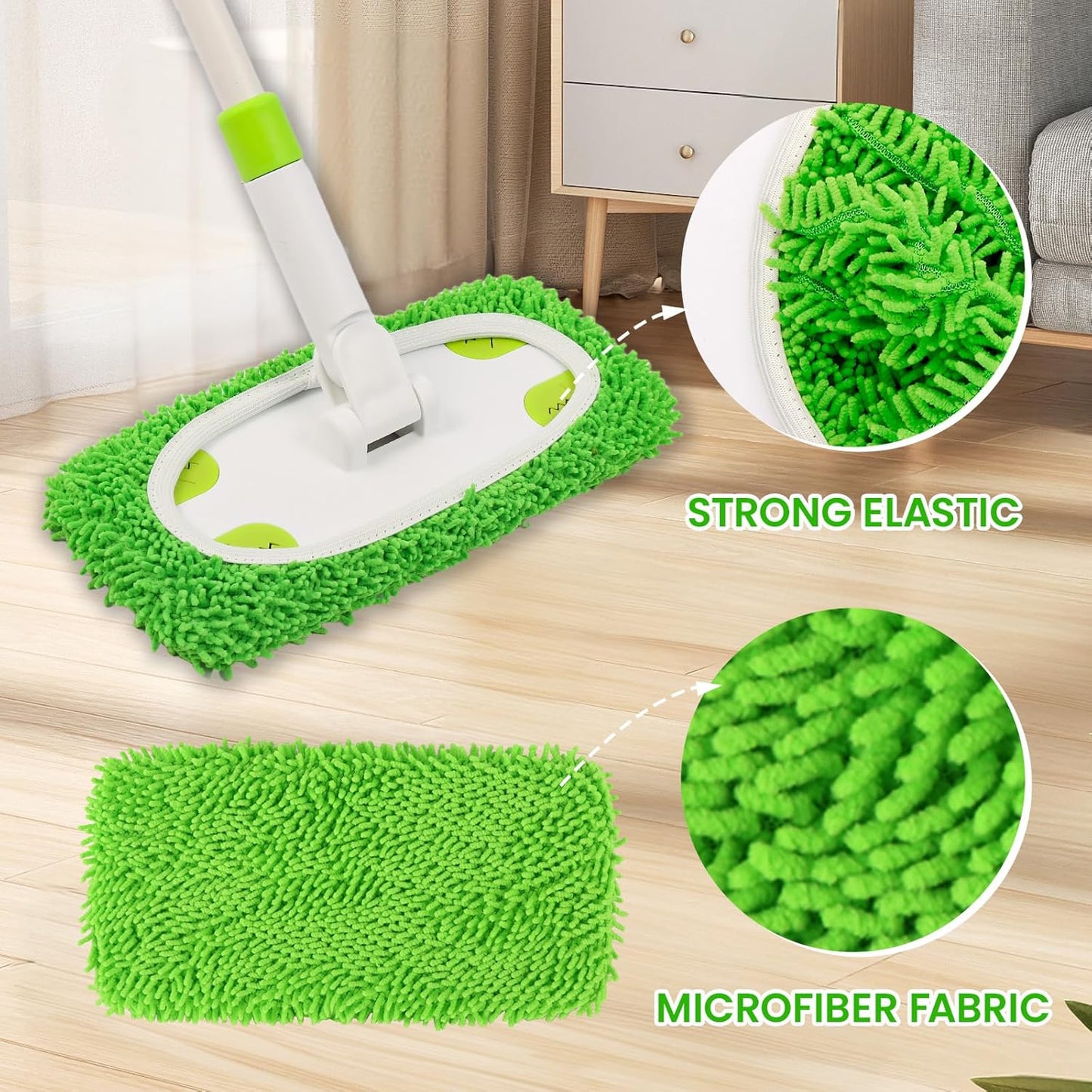 Reusable Microfiber Floor Mop System, Wet & Dry Sweeper Kit, Includes 1 Sweeper Handle, 3 Washable Chenille Mop Pads, Dry & Wet Use for Hardwood, Tile, and Laminate Floor, Green