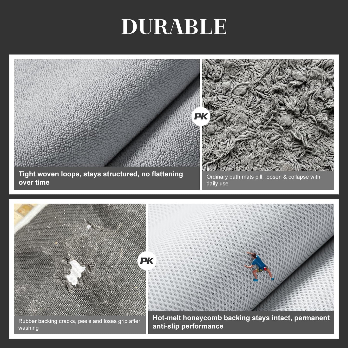 MontVoo Quick Dry Bath Mat, Super Absorbent Bathroom Rug, 3D Honeycomb Mesh Base Non Slip Bath Mats for Bathroom, Machine Washable Low Pile Bath Rug for Bathtub Front, Shower, Sink,Grey 17"x24"