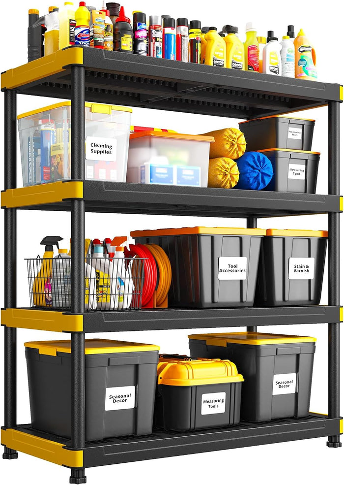 REIBII Plastic Storage Shelves for Garage Workshop, 4 Tier Garage Shelving