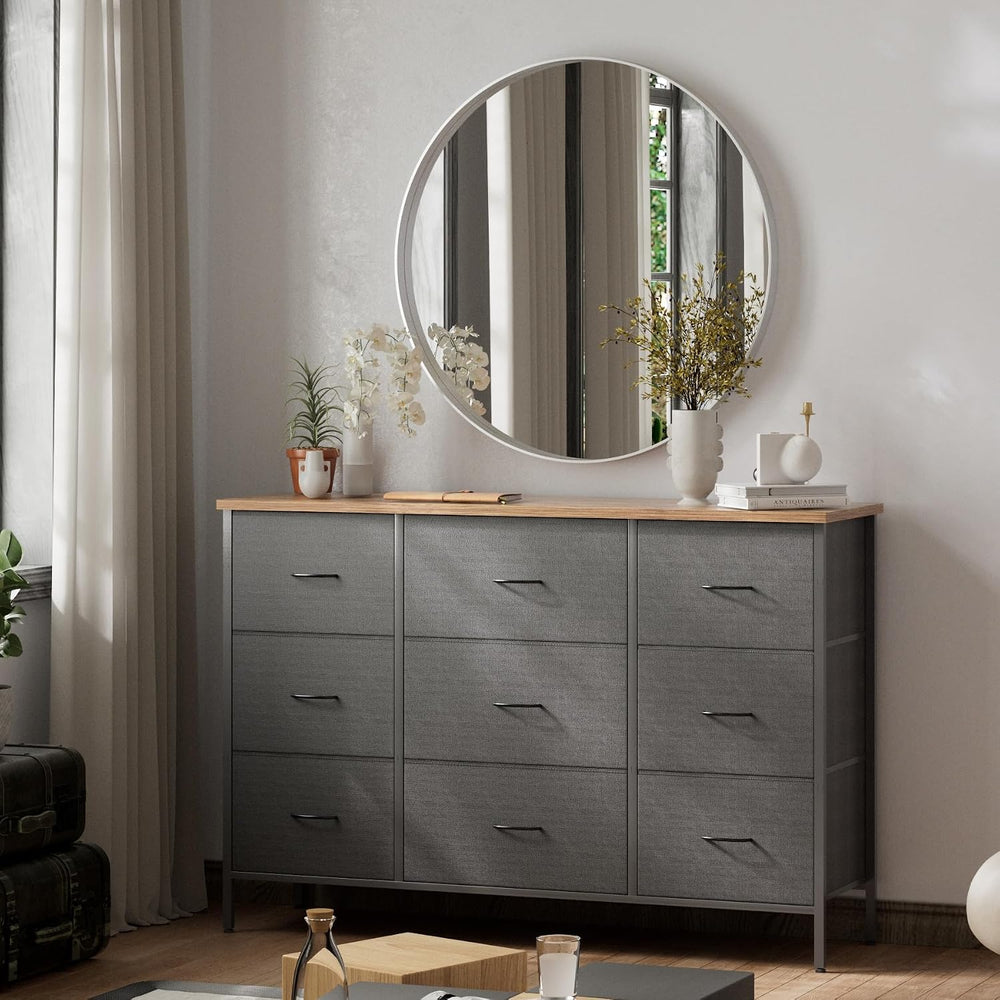 VASICAR Wide TV Stand for Bedroom, Black Dresser with 9 Deep Drawers