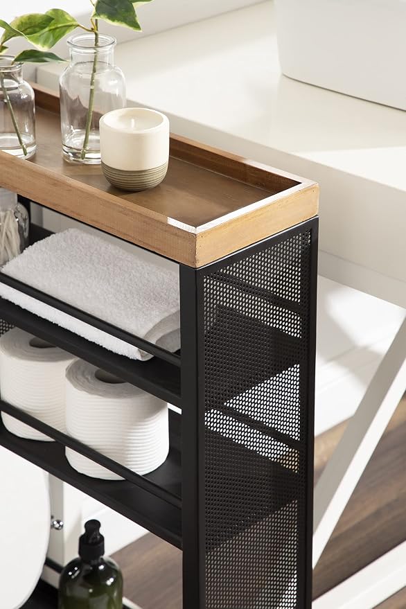 Kate and Laurel Piazza Decorative Slim Storage Cart, Natural Wood and Black - Image 7