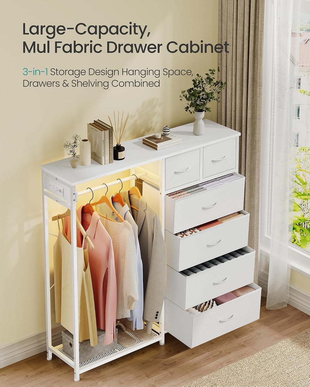 SONGMICS Dresser with Hanging Rod, Closet Organizer with 6 Fabric Drawers