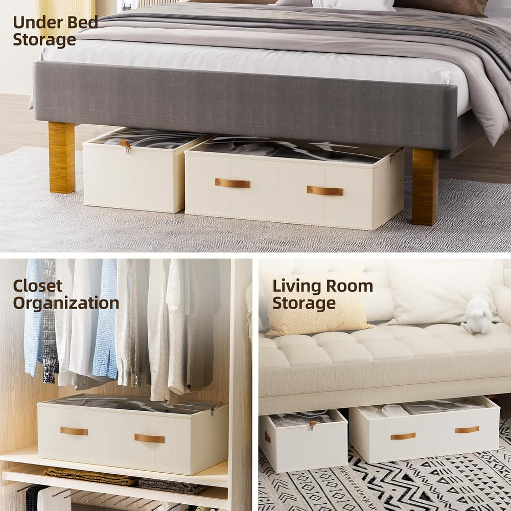 FHSQX 4 Pack Under Bed Storage Bins,10 Inch Tall,Beige, 31.5x15.8x10 inch