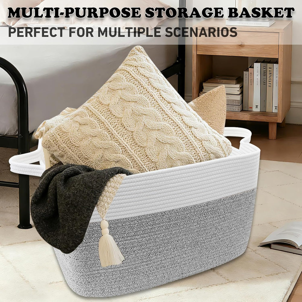 96L Laundry Basket with Handles, Extra Blanket Basket, White/Grey