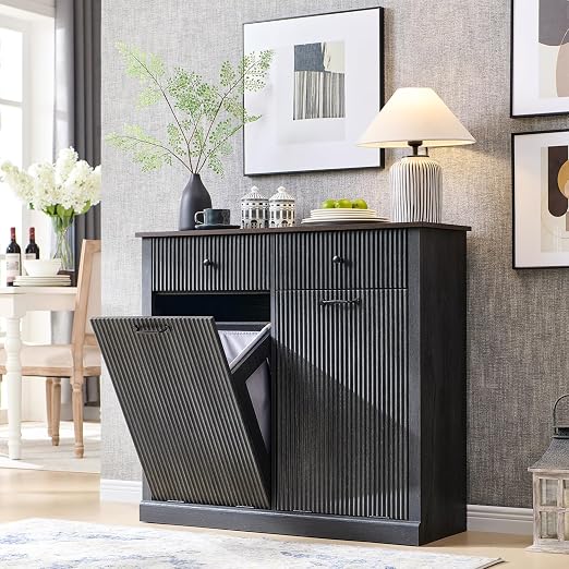Modern Double Tilt-Out Trash Cabinet, 20 Gallon Fluted Laundry Hamper Cabinet by IFGETEnrichYourLivingSpace