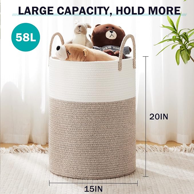 YOUDENOVA Woven Rope Laundry Hamper Basket, 58L Tall Laundry Basket, Baby - Image 2
