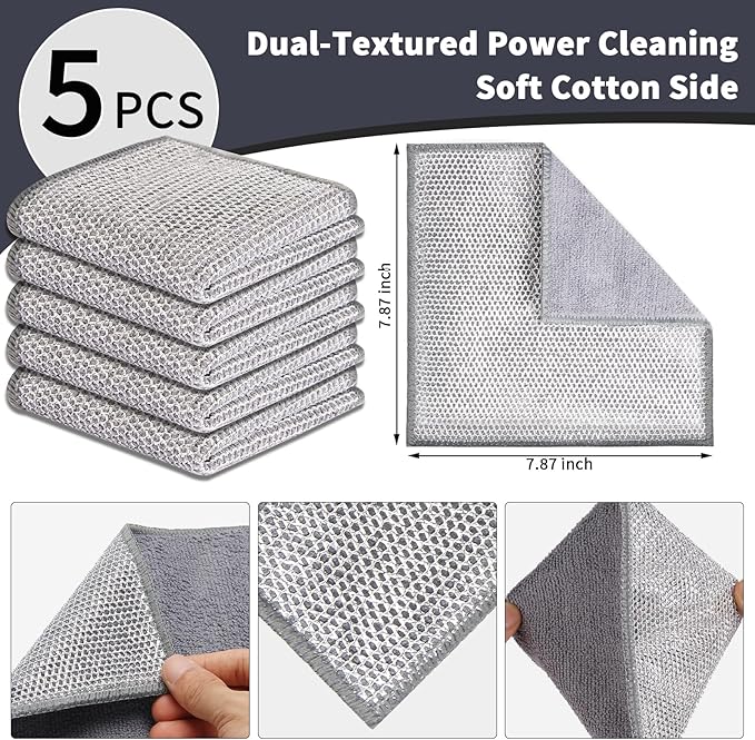 2 in 1 Stainless Steel Scrubber & Microfiber Cleaning Cloth, 5 Pack Towel & - Image 2