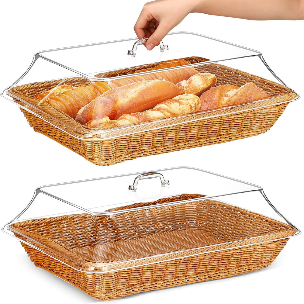 Mumufy 2 Pack Large Wicker Bread Baskets with Acrylic Lid,17.72x13.78''