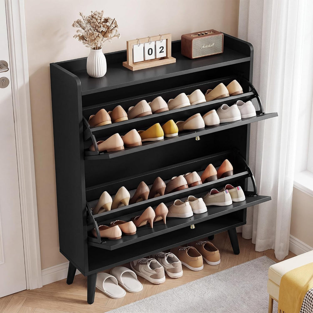 BERRYMERRY 31.5” Black Fluted Shoe Cabinet Storage with 2 Flip Drawers