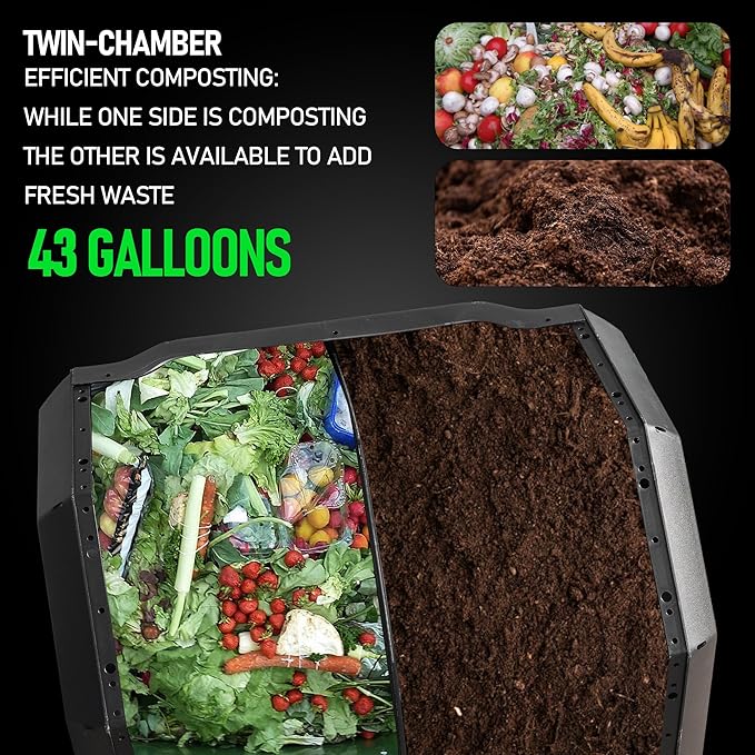 Hourleey Compost Bin Outdoor, 43 Gallon Dual Chamber Tumbling Composting Bin - Image 2