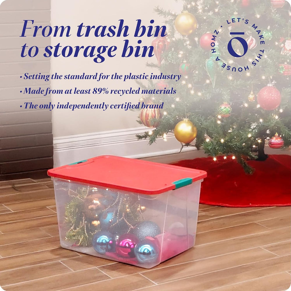HOMZ Clear Plastic Storage Bin with Secure Latching Red Lid, 64 Qt, 2 Pack