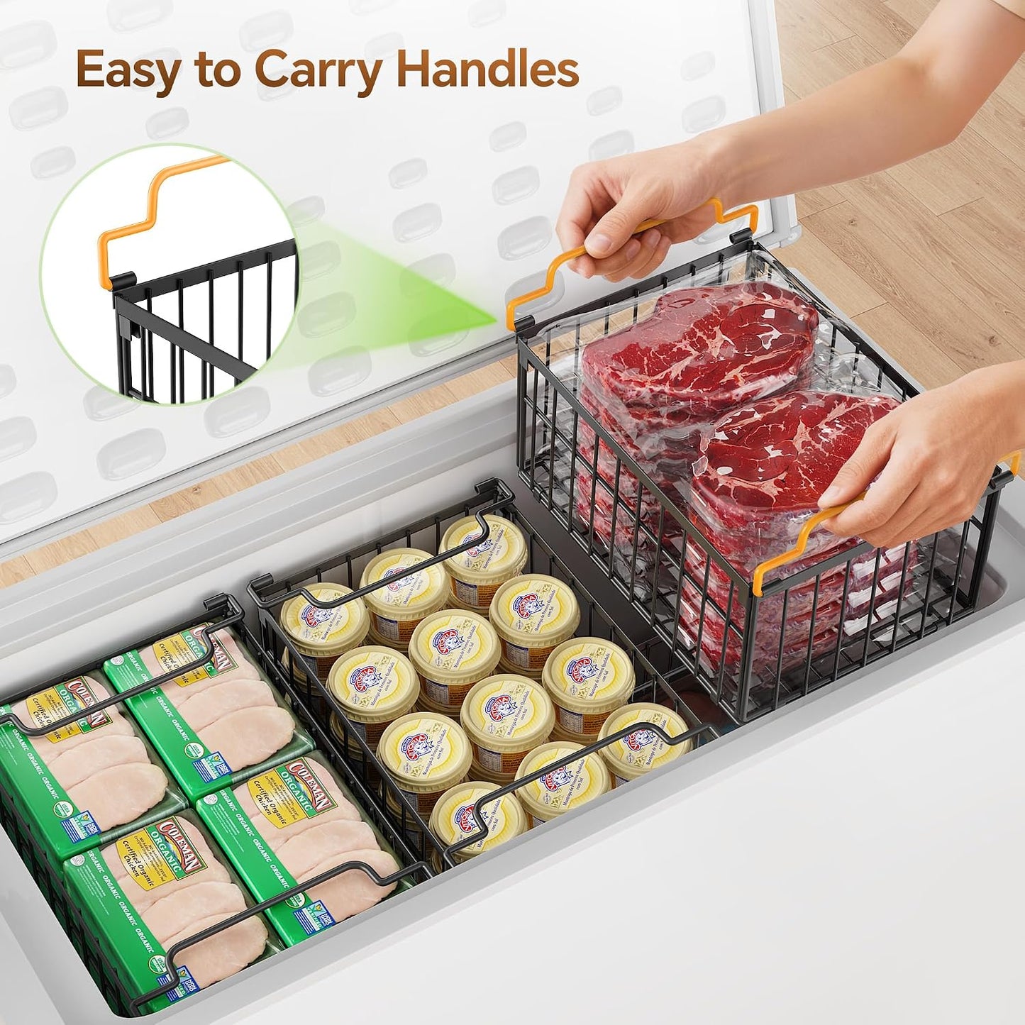 Freezer Organizer Bins, 3 Pack Enlarged Baskets for 5-9 Cu.FT Deep Freezer | Stackable Chest Freezer Organizer Bins, Foldable with Handles, Black Storage Container Baskets for Sort Frozen Meats