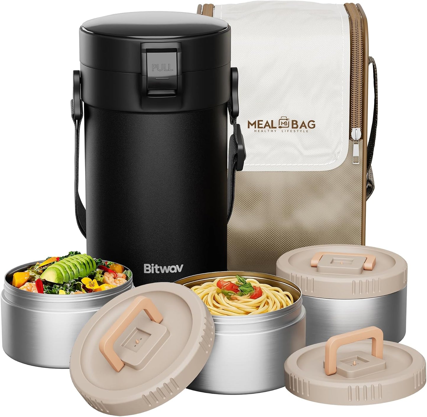 77oz Stainless Steel Insulated Food Jar, 3 Tier Stackable Bento Lunch Box, Vacuum Thermal Food Container for Hot Food, Soup Thermos with Insulated Bag for Work, Travel, Outdoor (77 oz Black)
