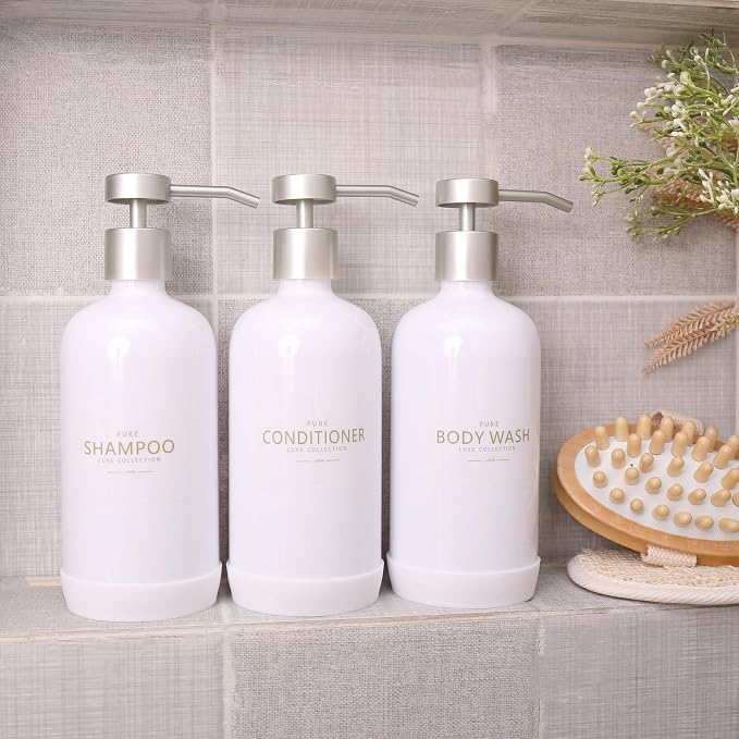 Shampoo and Conditioner Dispenser Set of 3, Refillable 21oz Shampoo Bottles - Image 6
