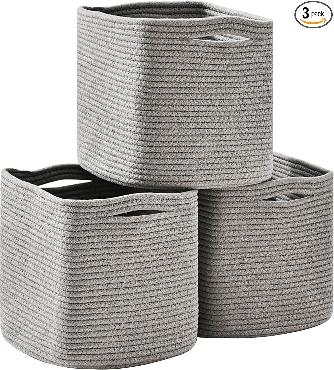 11 Inch Cube Storage Bins, Storage Cube Organizer Bins, Woven Cotton Rope Basket by ICERZCZ