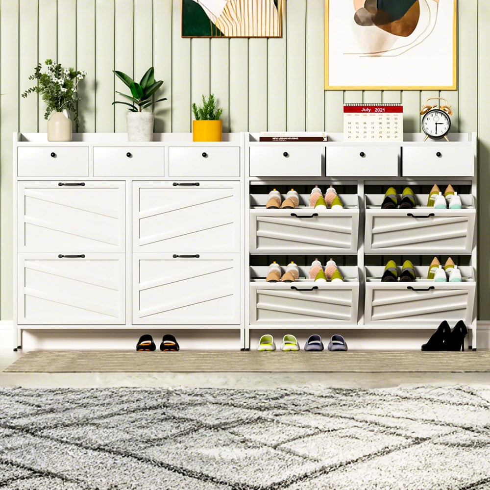 IKIMI White Metal Shoe Storage Cabinet with 4 Flip Drawers & 3 Top Drawers