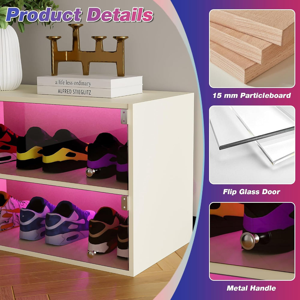 Wooden Shoe Storage Box, 2 Layers Shoe Organizer Storage Box with Glass Door,...