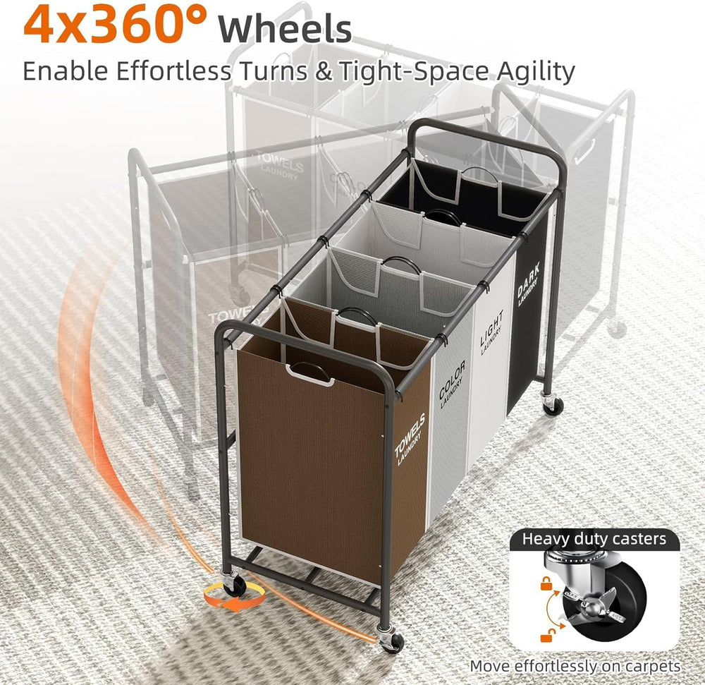 ROMOON Laundry Hamper Sorter Cart, 4-Section Organizer with Lockable Wheels