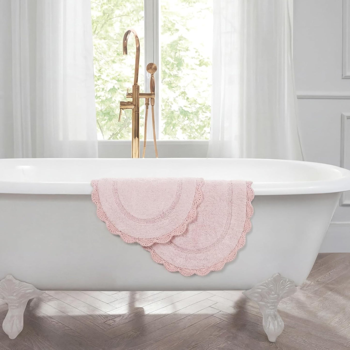 Laura Ashley Eloise 100% Cotton Oval Bath Mat 2-Piece Set with Crochet Border, Soft & Absorbent, Light Pink 17" x 24"/20" x 32" Bathroom Rugs
