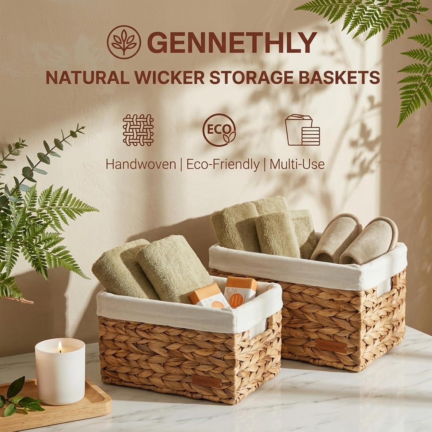 Water Hyacinth Wicker Baskets for Storage, Handwoven Rattan Shelf Basket for Organizing Pantry Closet Bedroom, 100% Natural Decorative Woven Organizer with Handles and Waterproof Canvas, 4 Pack