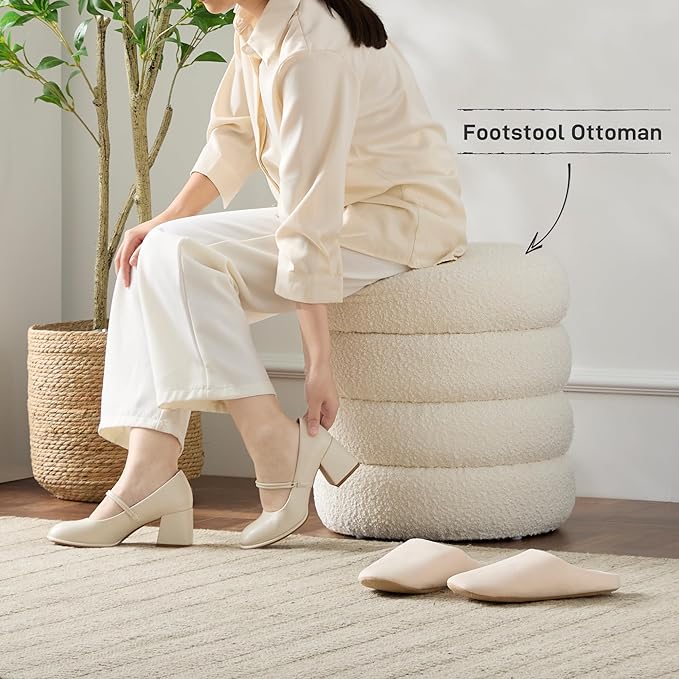 Round Ottoman with Storage Boucle Ottoman Stool with Storage Removable Lid - Image 5