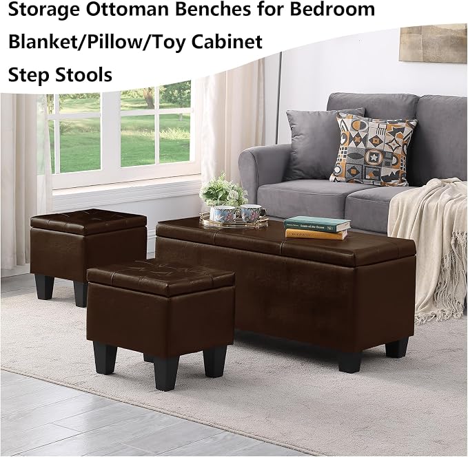 Ottoman with Storage Set of 3, Easy Open & Close w/Safety Hinges, Extra Seating - Image 5