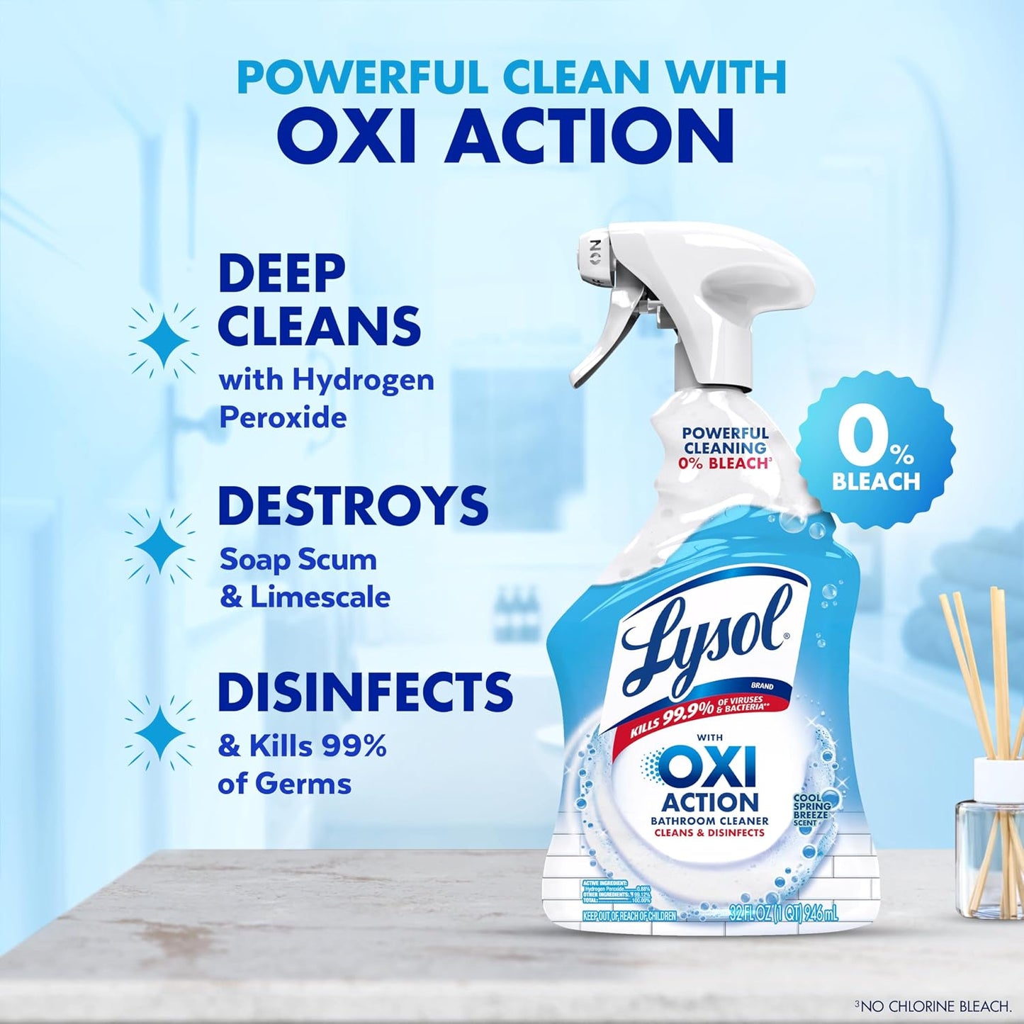 LYSOL Bathroom Cleaner Spray with OXI Action (Hydrogen Peroxide), 0% Bleach Formula, Multipurpose Disinfecting Cleaner for Tub, Tile & Shower, Removes Soap Scum & Limescale, Spring Breeze Scent, 32oz