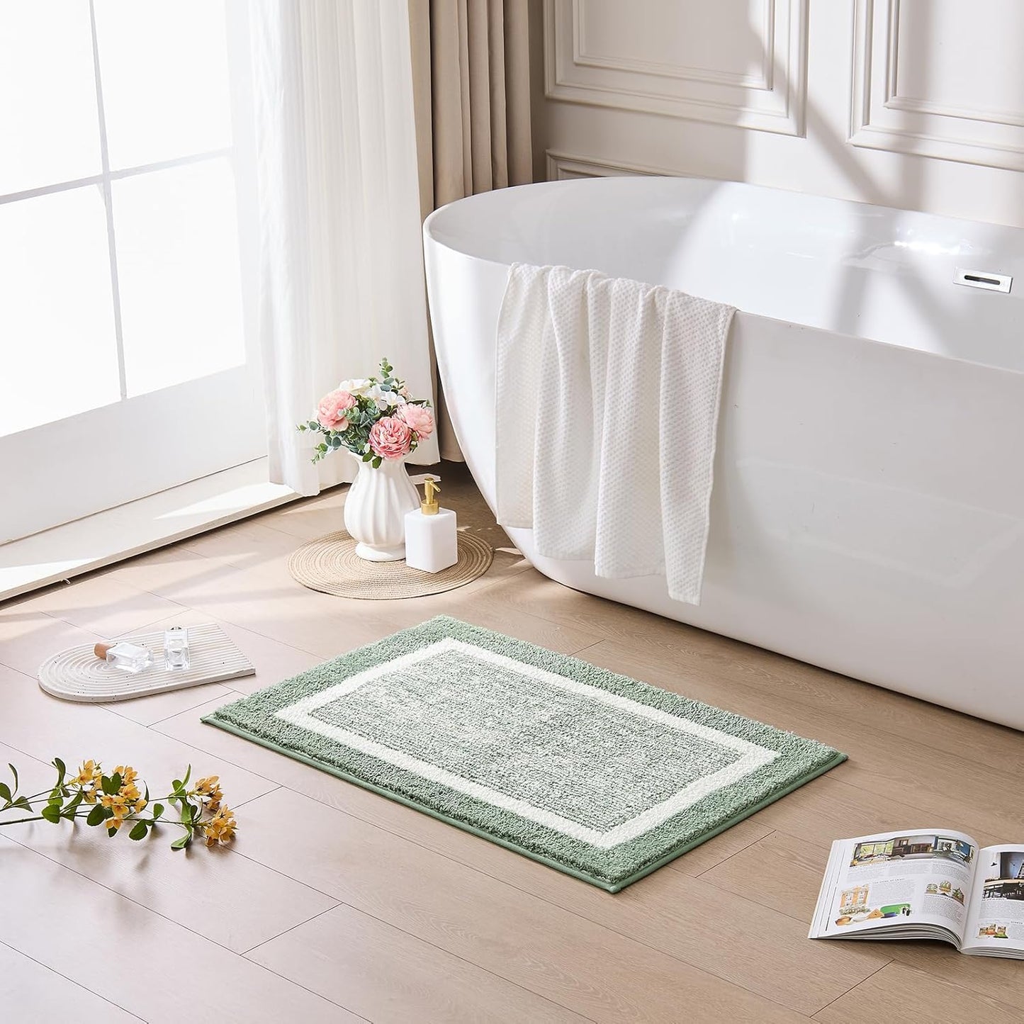 CozeCube Bath mats for Bathroom Non Slip, Fluffy Absorbent Microfiber Bath mat Washable, Aesthetic Bathroom Rugs, Small Sage Green Bath mat, Sage Green, 24" x 16"