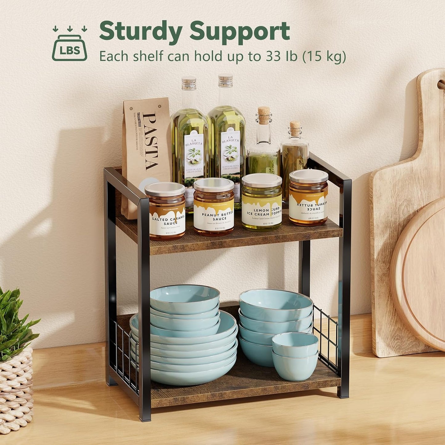 Simple Trending Countertop Shelf Organizer, 2 Tier Kitchen Spice Rack, Coffee Bar Station Storage, for Kitchen Cabinet Bathroom Living Room, Brown, M