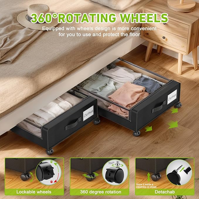 Under Bed Storage with Wheels, Underbed Storage Bins, XXL 60L Rolling Metal - Image 4